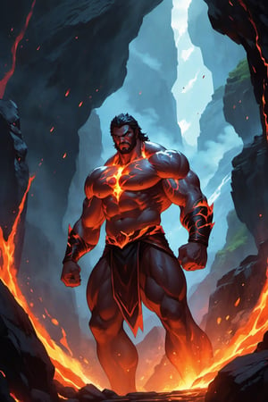 Within a blazing, crimson-lit backdrop of erupting volcanoes and rivers of magma, a majestic hero stands tall, forged from the very essence of volcanic rock. His powerful physique is sculpted from dark, rugged stone, with veins of molten lava pulsating like fiery arteries, casting an otherworldly glow on his imposing form. His blazing eyes radiate intense determination, while his hands, surrounded by an aura of heat and magma, appear ready to unleash unbridled fury upon the landscape. As molten lava drips from his fists, the hero's rocky exterior appears cracked, revealing a glowing core that pulsates with raw power and resilience.