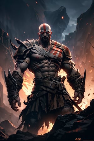 (best quality), (4K, HDR), Wallpaper, dark fantasy Kratos from God of War, bloody, glowing eyes, dark, (upper torso shot), 