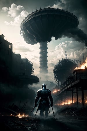 (masterpiece, best quality), (8k, HDR), 

Imagine a steampunk knight clad in brass armor, standing amidst the ruins of a dystopian world overrun by monstrous creatures and demonic entities. In this bleak landscape of gears and steam, towering factories belch out smog while twisted spires pierce the darkened sky. The knight, armed with aetheric blades and powered by arcane machinery, faces relentless hordes of creatures spawned from nightmares. Amidst the clang of metal and the hiss of steam, the knight's quest for survival and redemption unfolds, battling against the encroaching darkness that threatens to engulf what remains of civilization.,more detail Xl,Movie Still,Nature