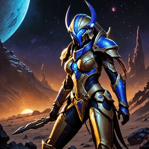 (8k UDR), (masterpiece, best quality), ((Comic Art style)), 

Create an image of a female Protoss warrior from the video game Starcraft engaged in a fight with a Terrain Space Marine, on a desolate moon near a volcanic planet, 

dark atmosphere, vibrant colors, (various camera shots), depth of field, 2D