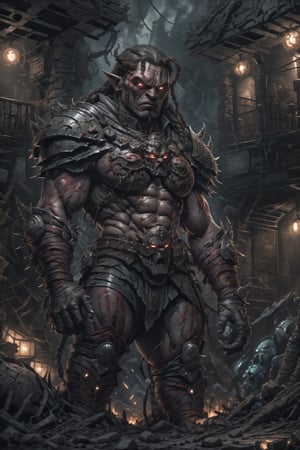 (8k masterpiece, best quality), (HDR), 1 female, beautiful Orc, Warcraft style, muscular physique, braided hair, (glowing red eyes), tattered with blood, war, battlefield, dark fantasy theme,invoking a sense of primal fear and dark fantasy.eyes,standing,depth of field,,photography style,upper body shot,2D