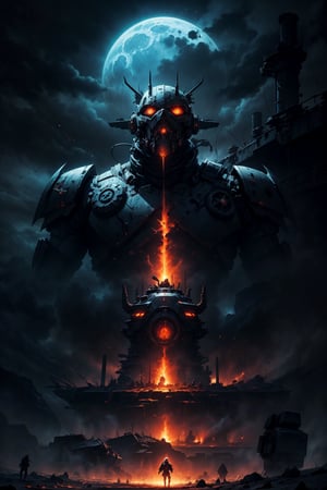 A lone Helldiver stands vigilant on the ravaged surface of Xeridia-IV, a volcanic wasteland consumed by an army of robotic humanoids. The air is thick with an eerie orange haze as the Helldiver's advanced sensors scan the desolate landscape, its dark, glowing eyes burning with a sense of impending doom. The metallic humanoid horde looms in the shadows, their cold, calculating gazes fixed on the Helldiver, exuding an atmosphere of dread and fear.
