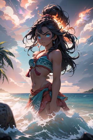(best quality), (4K, HDR), Moana getting ready to battle a sea god, firerce and determined, her eyes have a radiant glow, the seas roar and the skies storm, dark, vibrant, 