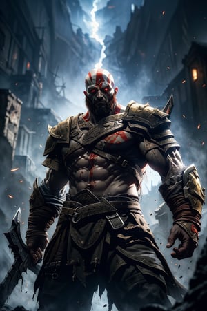 (best quality), (4K, HDR), Wallpaper, dark fantasy Kratos from God of War, bloody, glowing eyes, dark, (upper torso shot), 