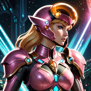 (8k HDR), (masterpiece, best quality), 

"Generate an image of Princess Peach, reimagined as a galactic bounty hunter, combining her iconic, regal elements with the futuristic armor of Samus Aran from Metroid Prime. Peach wears a sleek, modified version of Samus’s power suit, tinted in pastel pink and adorned with gold accents that nod to her royal roots. Her suit retains the streamlined, formidable appearance of Samus's, but features delicate, ornate detailing around the helmet and shoulders, merging high-tech functionality with a touch of regal elegance. Her visor is a transparent pink, through which her determined, yet kind eyes are visible. She stands on an alien planet, the landscape a striking mix of bizarre flora and bioluminescent elements, holding a Charge Beam gun converted into a staff that resembles her royal scepter, ready to defend the galaxy with a blend of grace and power."

dark atmosphere, vibrant colors, (various camera shots), depth of field, 2D