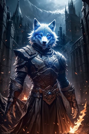 (best quality), (4K, HDR), (Dark Souls), Female wolf warrior, dark fantasy, dark, glowing eyes, (upper torso shot), 