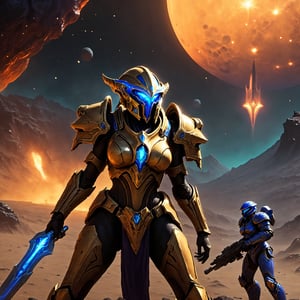 (8k UDR), (masterpiece, best quality), ((Starcraft)), 

Create an image of a female Protoss warrior engaged in a fight with a Terrain Space Marine, on a desolate moon near a volcanic planet, (different camera angles), dark atmosphere, vibrant colors, depth of field, ,HellAI,fire,skull,monster