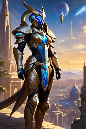 Aiur's Azure Horizon: A majestic female Protoss warrior, Zeratul's finest, stands victorious amidst the ruins of her homeworld. Golden light of dawn casts a warm glow on the cityscape, where crystalline spires and gleaming archways reflect the vibrant colors of the surrounding landscape. In the foreground, the warrior's armor glistens with an otherworldly sheen.

Camera shot 1: A wide-angle view captures the breathtaking vista, with the warrior centered in a dramatic pose, her staff crackling with energy as she surveys the devastation. The city's architecture blends seamlessly with the natural beauty of Aiur's rolling hills and azure skies.

Camera shot 2: A medium shot zooms in on the warrior, showcasing her determined expression and athletic physique, clad in a suit of gleaming silver armor adorned with intricate, swirling patterns that seem to shift and shimmer like the stars. The cityscape recedes into the background, emphasizing the warrior's imposing figure.

Depth of field: The foreground, featuring the warrior and the ruins, remains in sharp focus, while the distant landscape softly blurs, creating a sense of depth and dimensionality.

In this 2D masterpiece, every element – from the radiant colors to the intricate details – comes together to create an awe-inspiring, high-quality image that embodies the essence of Protoss ingenuity and resilience.