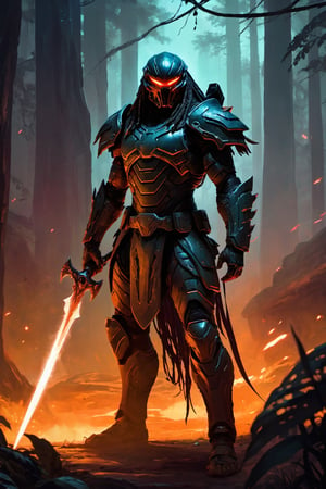 (8k HDR), (masterpiece, best quality), 

"Generate an image of a hybrid warrior combining Doom Guy and a Predator. This fearsome character wears a battle-worn, futuristic suit resembling Doom Guy's iconic armor, now integrated with Predator's distinctive bio-mask and dreadlocks. The armor is heavy, engraved with alien symbols and equipped with an advanced shoulder-mounted plasma caster. The warrior's hands grip a massive, serrated blade that echoes the brutal aesthetic of both universes. His eyes, visible through the slits in the mask, glow with a menacing red light. Set in a dark, dystopian landscape littered with the remnants of demonic and alien foes, this ultimate hunter stands poised for combat, surrounded by a faint, eerie mist and the dim glow of distant fires."

dark atmosphere, vibrant colors, depth of field, 2D