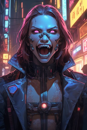 (beat quality, masterpiece), (8K, HDR), 
Cyber Fangs:
"Create an image of a vampire with cybernetic implants, blending ancient and futuristic aesthetics. The vampire lurks in the shadows of a high-tech alley, their fangs and cybernetic eyes gleaming in the neon glow."
dark atmosphere, vibrant, illustration