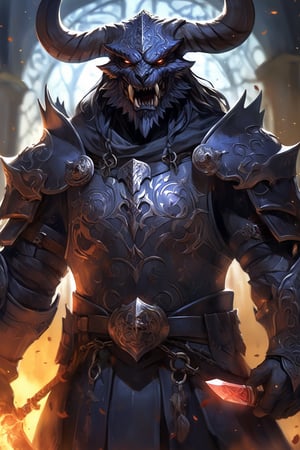 (beat quality, masterpiece), (8K, HDR), 
Ser Darius Blackthorn is an imposing figure, standing over six feet tall, with a broad, muscular build. His armor is a nightmarish blend of blackened steel and ancient, dark magic runes, etched into every plate and joint. His helm, shaped like a snarling demon's visage, leaves only his piercing, crimson eyes visible. Scars and scratches cover his armor, telling tales of countless battles and relentless endurance."