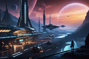 (8k HDR), (masterpiece, best quality), 

Futuristic Spaceport at Dawn:

"A bustling futuristic spaceport at dawn, with starships of various designs docking and departing. Travelers from different galaxies mingle, their diverse appearances a testament to the vastness of the universe. Ground crews prepare ships for launch against a backdrop of a rising alien sun, casting a hopeful light on the day’s journeys."

dark and vibrant, science fiction, night, (James Cameron cinematic shots), depth of field, 2D