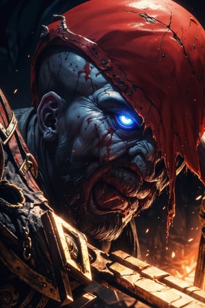 (best quality), (4K, HDR), Wallpaper, dark fantasy Kratos from God of War, bloody, glowing eyes, dark, (up close shot), 