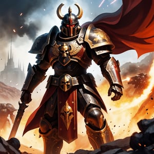 (8k HDR), (masterpiece, best quality),

Title: Ares, God of War in the Warhammer 40K Universe

Scene Description:
Ares, now a towering Space Marine Captain, clad in ornate power armor, stands on the smoldering battlefield of a war-torn planet. His armor is a masterwork of Imperial craftsmanship, deeply engraved with symbols of war and destruction, and painted in the blood-red colors of his chapter. His cape, tattered and scorched, flutters in the toxic winds.

Focal Point:
Ares wields a massive, chain-wrapped thunder hammer, glowing with arcane energies, raised high as he charges into a horde of alien enemies. His other hand clutches a bolt pistol, spewing fiery rounds into the melee. Around his waist, a belt adorned with skulls and relics from vanquished foes.

Background Elements:
The landscape around him is chaotic and devastated, with the remnants of a once-mighty city now reduced to rubble and flames. Exploding shells light up the dark sky, and drop pods descend in the background, bringing reinforcements or dreadnought allies.

Atmospheric Effects:
Smoke and dust fill the air, pierced by the harsh light of gunfire and explosions. In the distance, the twisted forms of enemy war machines loom, clashing against the Imperial forces.

Dynamic Action:
Ares roars a battle cry, his voice amplified by his helmet’s vox-grille, inspiring fear in his foes and fervor in his troops. Close by, Space Marines rally to his side, their armor echoing his design, forming an unstoppable tide of red and steel.

dark and vibrant, (micheal bay cinematic shots), depth of field, 2D