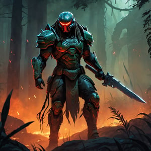 (8k HDR), (masterpiece, best quality), 

"Generate an image of a hybrid warrior combining Doom Guy and a Predator. This fearsome character wears a battle-worn, futuristic suit resembling Doom Guy's iconic armor, now integrated with Predator's distinctive bio-mask and dreadlocks. The armor is heavy, engraved with alien symbols and equipped with an advanced shoulder-mounted plasma caster. The warrior's hands grip a massive, serrated blade that echoes the brutal aesthetic of both universes. His eyes, visible through the slits in the mask, glow with a menacing red light. Set in a dark, dystopian landscape littered with the remnants of demonic and alien foes, this ultimate hunter stands poised for combat, surrounded by a faint, eerie mist and the dim glow of distant fires."

dark atmosphere, vibrant colors, depth of field, 2D
