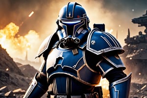 (8k HDR), (masterpiece, best quality), ((Dark Fantasy)), 

"Generate an image of a Clone Trooper from the Star Wars universe transformed into a mighty Space Marine of the Warhammer 40k universe. His armor, once sleek and white, now bears the iconic colors and symbols of the Space Marines, adorned with intricate filigree and embellishments that mark him as a warrior of the Adeptus Astartes. The trooper's helmet has been redesigned to incorporate the intimidating features of a Space Marine helm, with glowing red eyes and a stoic expression that speaks of unwavering determination. In one hand, he wields a bolter, a weapon of devastating power and precision, while in the other hand, he carries a combat knife with a serrated edge, ready to engage in close-quarters combat. Behind him, the backdrop depicts a war-torn battlefield littered with the remnants of battle, as he stands tall and resolute, a beacon of strength and valor in the grim darkness of the far future."

(michael bay camera shots), dark atmosphere, vibrant colors, depth of field, 2D