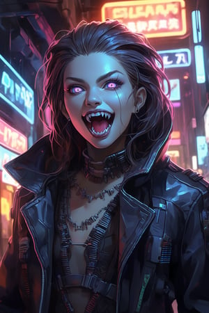 (beat quality, masterpiece), (8K, HDR), 
Cyber Fangs:
"Create an image of a vampire with cybernetic implants, blending ancient and futuristic aesthetics. The vampire lurks in the shadows of a high-tech alley, their fangs and cybernetic eyes gleaming in the neon glow."
dark atmosphere, vibrant, illustration