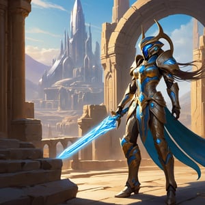 Aiur's Azure Horizon: A majestic female Protoss warrior, Zeratul's finest, stands victorious amidst the ruins of her homeworld. Golden light of dawn casts a warm glow on the cityscape, where crystalline spires and gleaming archways reflect the vibrant colors of the surrounding landscape. In the foreground, the warrior's armor glistens with an otherworldly sheen.

Camera shot 1: A wide-angle view captures the breathtaking vista, with the warrior centered in a dramatic pose, her staff crackling with energy as she surveys the devastation. The city's architecture blends seamlessly with the natural beauty of Aiur's rolling hills and azure skies.

Camera shot 2: A medium shot zooms in on the warrior, showcasing her determined expression and athletic physique, clad in a suit of gleaming silver armor adorned with intricate, swirling patterns that seem to shift and shimmer like the stars. The cityscape recedes into the background, emphasizing the warrior's imposing figure.

Depth of field: The foreground, featuring the warrior and the ruins, remains in sharp focus, while the distant landscape softly blurs, creating a sense of depth and dimensionality.

In this 2D masterpiece, every element – from the radiant colors to the intricate details – comes together to create an awe-inspiring, high-quality image that embodies the essence of Protoss ingenuity and resilience.