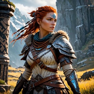 (8k HDR), (masterpiece, best quality), 

"Create an image of a hybrid warrior combining Aloy from Horizon Zero Dawn and the aesthetic of Dark Souls. This character dons a rugged, medieval-style armor that merges Aloy's tribal and technologically enhanced gear with the dark, intricate chainmail and plate typical of Dark Souls. Her outfit is adorned with runes and emblems that glow faintly in mystical colors, suggesting both ancient technology and arcane power. In one hand, she wields a large, rune-engraved bow made of an unknown lightweight metal, while her other hand holds a shield emblazoned with the emblem of a mysterious, extinct creature. Her red hair is partly braided, partly flowing, shadowed under a hooded cloak that billows softly in the wind. The background reveals a desolate, mist-shrouded landscape with ruins that hint at both a post-apocalyptic world and a forgotten kingdom, blending the narratives of machine and myth."

dark atmosphere, vibrant colors, (various camera shots), depth of field, 2D