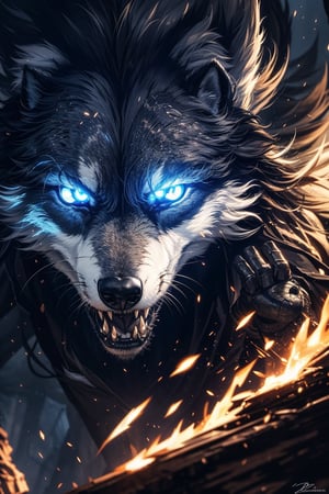 (best quality), (4K, HDR), (Dark Souls), Female wolf warrior, dark fantasy, dark, glowing eyes, (up close shot), 