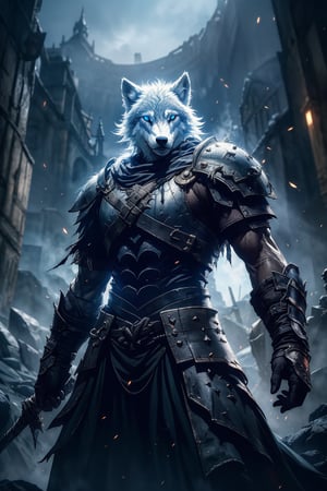 (best quality), (4K, HDR), (Dark Souls), Female wolf warrior, dark fantasy, dark, glowing eyes, (upper torso shot), 