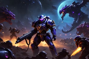 (8k UDR), (masterpiece, best quality), ((Starcraft)), 

Create an image of a Space Cowboy ranger on a Zerg infested world, he will be duel wielding two space revolvers, standing his ground on the remains of a dead world, (war camera shots), dark atmosphere, vibrant colors, depth of field, ,HellAI,fire,skull,monster