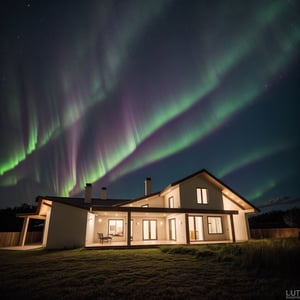 Raw, fotografia una casa hermosa casa moderna ubicada sobre un acantilado, la aurora boreal adorna el cielo nocturno, angulo recto, fotografia arquitectonica profesional, las luces estan encendidas, es una toma fotografica asombrosa y bella, una obra maestra de la fotografia