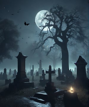 
Generate a realistic image that captures the atmosphere of a nocturnal landscape in an ancient cemetery. The scene should be enveloped in dense fog that obscures parts of the tombstones and centuries-old trees. The light of the full moon should cast mysterious shadows over the tombstones, creating an ethereal ambiance. Add a touch of magic in the air, with fireflies glowing in the darkness. The scene should convey a sense of eerie calm and beauty amidst the night, without any elements of horror or violence