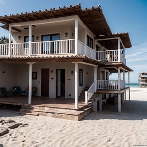 Raw, fotografia,  fachada, lujosa casa en la playa, entorno natural, enmarcada, fotografia arquitectonica profesional, es una toma fotografica asombrosa y bella, una obra maestra de la fotografia