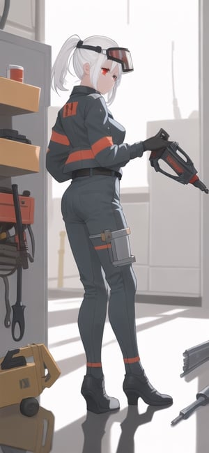 1girl with a welding helmet,white hair, red eyes,
full body, several tools on the floor
