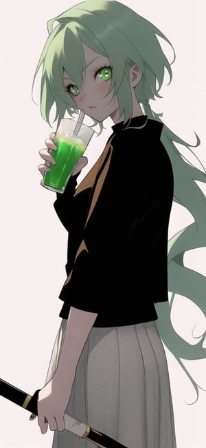 1chica, com una bebida en la manos, y em la otra mano una espada, ojos de color verde, pelo largo  de color blanco,
estilo anime, manos com 5 dedos
