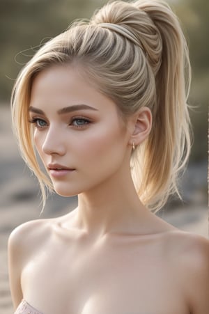 shoulder-length blonde hair, ponytail,
best quality,masterpiece,detailed,16k,beautiful detailed face,beautiful detailed eyes,8k,female_solo,perfect body, perfect face, (full body shot), 1 beautiful woman, (colored shoulder-length Length hair), grey eye, pink skin, bathing on a desert islandbacklighting, fog, day lighting, birch light, sun rays, volumetric light