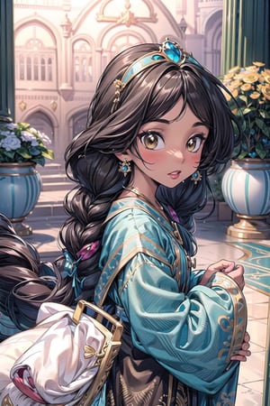 masterpiece, best quality, extremely detailed, HD, 8k, intricate, nice hands, (brown skin), AGE REGRESSION, 1 girl, oversized_clothes, cuteloli, CHILD, OVERSIZED CLOTHES,cartoon,Jasmine, black hair, braid, palace scene