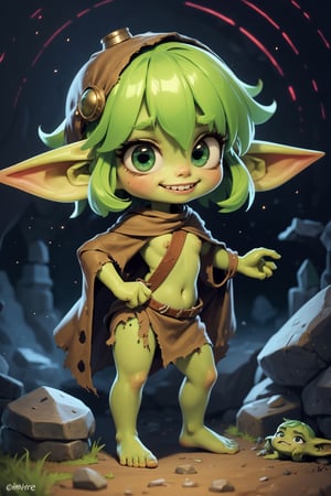 girl,(goblin girl),full body,pixar style,cute,messy hair, smilling, cave, playing, dim light, playful, colored skin, green skin, round face, big eyes, pointy teeth, tunic, barefoot, stone ground, stone walls, dirty skin, dirty clothes, torn_clothes