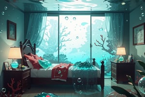 masterpiece, best quality, highres, indoors, (underwater ambiance:1.1), room, bed, desk, window, air bubbles, seaweed, barnacles, coral, scifi, aquatic, bioluminescent, gelatintech, see-through, transparent, giggly,gelatintech,see-through