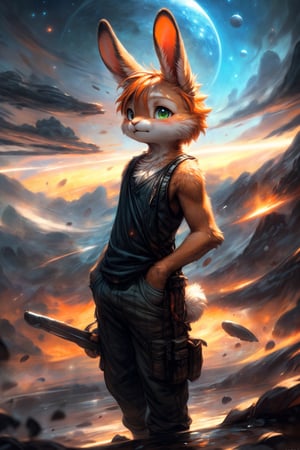 by kenket, by totesfleisch8, (by thebigslick, by silverfox5213:0.8), (by syuro:0.2), (by qupostuv35:1.2), (hi res), ((masterpiece)), ((best quality)), illustration,(anthro,furry,kemono),bunny,rabbit,animal ears, body fur,1boy,solo,shy,planet earth in the sky,(((orange hair,short hair))),green eyes,tank top,flowing pants,cityscape,moonflowers,(golden hour),exposure blend, medium shot, bokeh, furry rabbit nose, (hdr:1.4), high contrast, (cinematic, orange and peach:0.85), (muted colors, dim colors, soothing tones:1.3), low saturation, (hyperdetailed:1.2), (noir:0.4),FurryCore