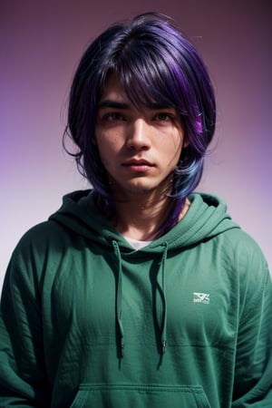 Realistic, (Handsome Man),russian-uzbek mixed, (((green eyes))), harajuku wolf cut hairstyle, long hair, ((bangs, hair between eyes)), (((blue hair:0.7, purple hair:0.3, gradient hair))), greasy hair, oily hair, thick eyebrows, bushy eyebrows, black eyebrows, ((red hoodie)), dirty clothes,perfecteyes