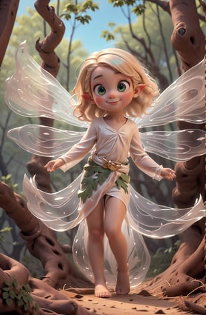 (Child character:1.5), cute, smiling, innocent, iridescent wings, pointy ears, large hazel-green eyes, sparkling_eyes, messy hair, tousled hair, forest, dressed in leaves and flower petals, loincloth, tribal, (masterpiece, best quality), 3d cartoon, extremely detailed, dynamic angle, fairy, pixar style, baby face,DonMF41ryW1ng5,playful, dynamic movement,baby face