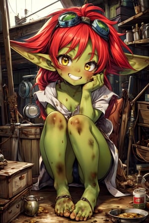 best quality,  extremely detailed, HD,  8k,  extremely intricate:1.3, nice hands, full_body, cute, goblin girl Kri Ul Tavah, colored skin, green skin, (red hair, tousled hair, long hair), yellow eyes, barefoot, goggles on head, grin, steampunk, mechanic, inventor, dirty, oily, (insanely detailed, beautiful detailed face, masterpiece, best quality) volumetric lighting, best quality, masterpiece, intricate details, tonemapping, sharp focus, hyper detailed,