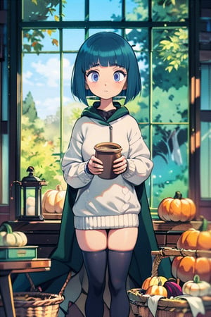 masterpiece, best quality, nice hands, perfect hands, 1 girl, pale, black hair, blue hair, bob_cut, dark eyes, blue eyes, purple eyes, thighhighs, sweater, cozy, fall, autumn, coffee, leaves, pumpkins, blanket, clutter, window, ghibli studio style,ghibli style, cinematic light, cinematic view, High detailed,