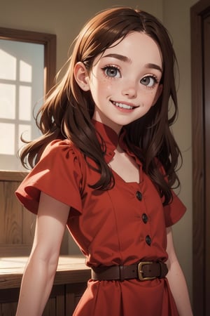 (best quality, masterpiece), cowboy_shot, 1girl, 12yo girl, solo, happy, smiling, crooked teeth, dimple, (hazel eyes), brown hair, long hair, sidecut, sideshave, freckles, red dress, AGE REGRESSION, CHILD, [[[green eyes]]]