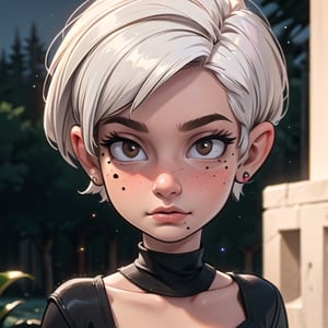 High resolution,extremely detailed,atmospheric scene, masterpiece, best quality, high resolution, 64k, high quality, portrait, closeup, fantasy, 1girl, fantasy, thief, rogue, rpg, flat_chested, white hair, (short pixiecut, pixie_hairstyle:1.4), bangs, wearing black fantasy thief outfit, dark_brown eyes, black eyes, (mole:1.4), masterpiece, natural light, realistic, shallow depth of field, vignette, highly detailed, high budget, cinemascope, moody, epic, gorgeous, film grain, grainy, digital artwork, illustrative, painterly, matte painting, highly detailed, glitter, perfect light,perfect split lighting