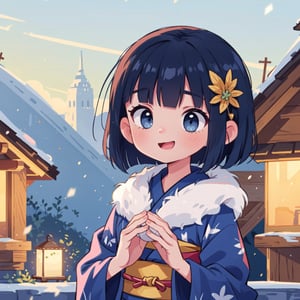 nice hands, perfect hands, 1girl, solo, pale, white skin, bluish_black_hair, bob_cut, straight hair, blunt bangs, dark_blue_eyes, flat_chested, new_year, colorful red and green kimono, long kimono, fur collar, shrine, hair_accessories, snow, happy, (masterpiece:1.2), (best quality, highest quality), (ultra detailed), (8k, 4k, intricate), (50mm), (highly detailed:1.2),(detailed face:1.2), detailed_eyes,(gradients),(ambient light:1.3),(cinematic composition:1.3),(HDR:1),Accent Lighting,extremely detailed,original, highres,(perfect_anatomy:1.2),
