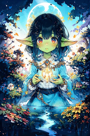 (masterpiece, best quality, highres:1.3), ultra resolution image, nice hands, perfect hands, (1girl), (((goblin girl))), kawaii, flowing black hair, short hair, flat_chested, eyes glinting, dark, subterranean, cave, cavern, vibrant crystals, distant mushrooms glowing, calm amidst, (radiating ethereal elegance:1.4), dust particles, mist, vivid color, waterfalls, insects, scenery, mystique, enchantment, EpicArt,
