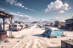 (masterpiece, best quality), (((background, scenery))), post-apocalypic, wasteland, desert, deserted, empty, camp, abandoned_style,(no_humans, no_people)
