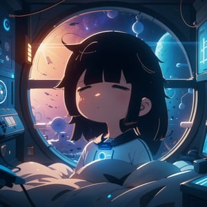 (masterpiece, best quality, highly detailed, ultra-detailed, intricate), scifi, msg, ((close-up)) of cute (1girl) with blue hair in a cozy (Futuristic room), (round window), bed, tiny_room, clutter, galaxy, stars, space, messy hair, closed eyes, sleepy girl