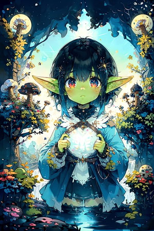 (masterpiece, best quality, highres:1.3), ultra resolution image, nice hands, perfect hands, (1girl), (((goblin girl))), kawaii, flowing black hair, short hair, flat_chested, eyes glinting, dark subterranean world, inside cave, cavern ceiling with stalactites, vibrant crystals, mushrooms glowing, (radiating ethereal elegance:1.4), dust particles, mist, vivid color, waterfalls, insects, scenery, mystique, enchantment, EpicArt,