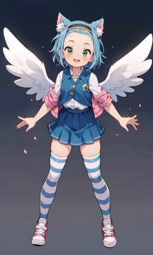nice hands, perfect hands, 1girl, peach skin, bright blue hair, short_bowl_cut, no_bangs, forehead, headband, bangs pulled back by hairband, sidelocks, green eyes, flat_chested, ((blue and white striped thighhighs)), (pink puffer vest), skirt, converse, genki, blush_stickers, smiling, (cat_ear_headband), fake angel wings, (full_body), standing, (white background),(dynamic_pose:1.2),(masterpiece:1.2), (best quality, highest quality), (ultra detailed), (8k, 4k, intricate), (50mm), (highly detailed:1.2),(detailed face:1.2), detailed_eyes,(gradients),(ambient light:1.3),(cinematic composition:1.3),(HDR:1),Accent Lighting,extremely detailed,original, highres,(perfect_anatomy:1.2),Ritsu hair