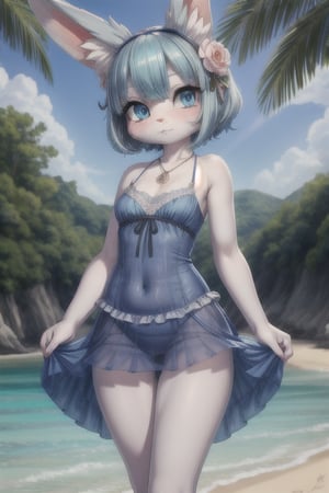 (masterpiece:1.3),(best quality:1.2),1910s clothing style,edwardian,old_fashioned_swimsuit,art_nouveau,intricate,detailed,female,cub,loli,anthro,furry,kemono,detailed_fluffy_fur,rabbit,bunny,silver fur,blue-grey fur,aqua blue hair,short hair,bobbed hair,iridescent sea blue eyes,flowing dress,long dress,see-through skirt,seaglass_necklace,kawaii,dreamy,steampunk,clockpunk,flat_chested,pettanko,skinny,very thin,slim thighs,slim legs,small hip,slender,delicate,beach,sea,ocean,sunny,uploaded_on_e621.pop_art,transparent