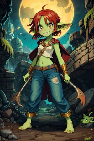girl,((goblin girl)),full body,pixar style,nice hands,perfect anatomy,cute,messy hair, (red hair, yellow eyes), smiling, cave, dim light, playful, ((colored skin, green skin)), round face, big eyes, fangs, tunic, barefoot, knee length pants, stone ground, stone walls, dirty skin, dirty clothes, torn_clothes, steampunk,
